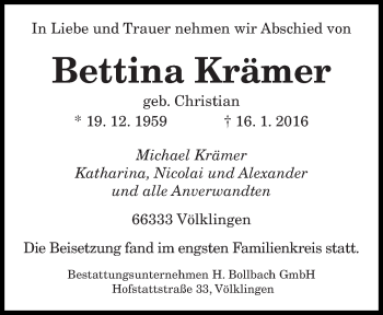 Todesanzeige von Bettina Krämer von saarbruecker_zeitung