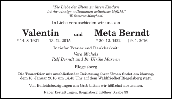 Todesanzeige von Valentin und Meta  Berndt von saarbruecker_zeitung