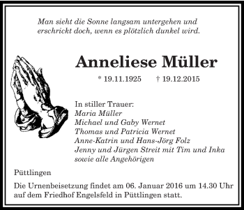 Todesanzeige von Anneliese Müller von saarbruecker_zeitung