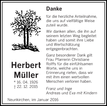 Todesanzeige von Herbert Müller von saarbruecker_zeitung