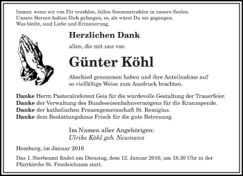 Todesanzeige von Günter Köhl von saarbruecker_zeitung