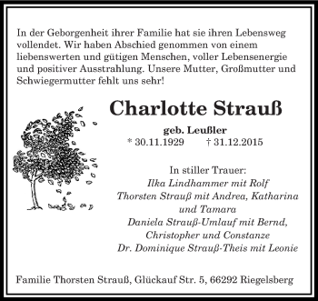 Todesanzeige von Charlotte Strauß von saarbruecker_zeitung