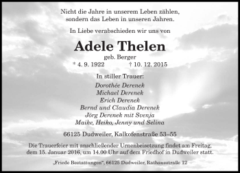 Todesanzeige von Adele Thelen von saarbruecker_zeitung