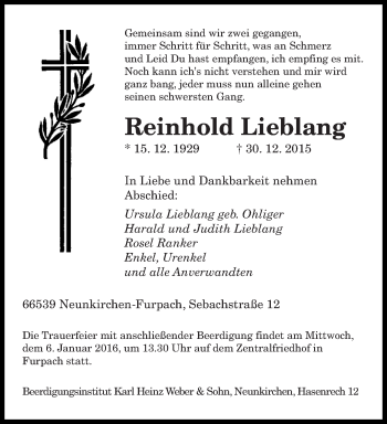 Todesanzeige von Reinhold Lieblang von saarbruecker_zeitung
