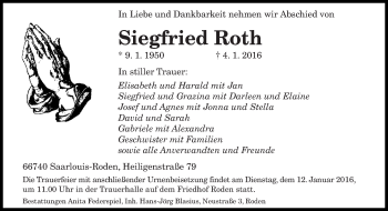 Todesanzeige von Siegfried Roth von saarbruecker_zeitung