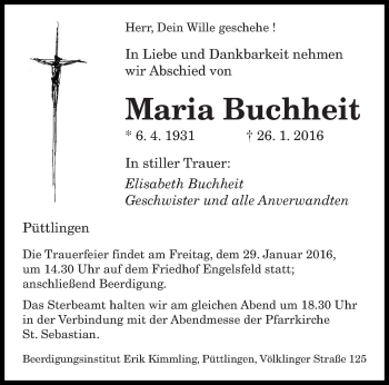 Todesanzeige von Maria Buchheit von saarbruecker_zeitung