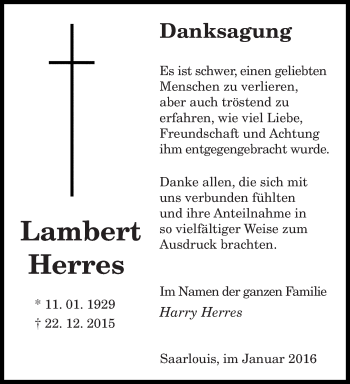 Todesanzeige von Lambert Herres von saarbruecker_zeitung