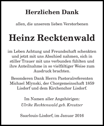 Todesanzeige von Heinz Recktenwald von saarbruecker_zeitung