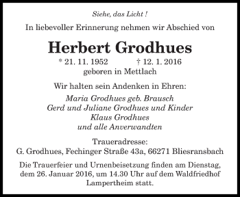 Todesanzeige von Herbert Grodhues von saarbruecker_zeitung