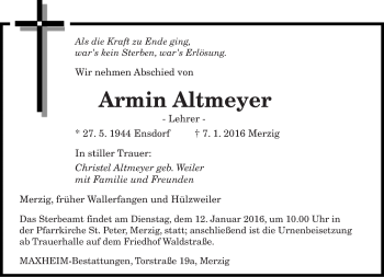 Todesanzeige von Armin Altmeyer von saarbruecker_zeitung