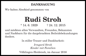 Todesanzeige von Rudi Stroh von saarbruecker_zeitung