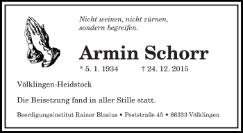 Todesanzeige von Armin Schorr von saarbruecker_zeitung