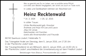 Todesanzeige von Heinz Recktenwald von saarbruecker_zeitung