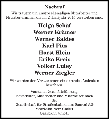 Todesanzeige von Nachruf  von saarbruecker_zeitung