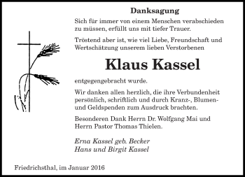 Todesanzeige von Klaus Kassel von saarbruecker_zeitung