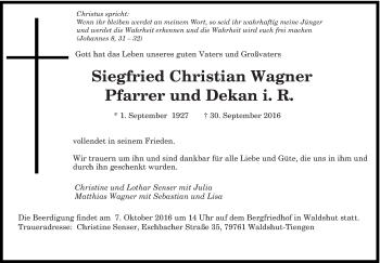 Todesanzeige von Siegfried Christian Wagner von saarbruecker_zeitung