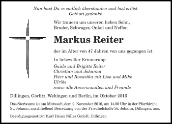 Todesanzeige von Markus Reiter von saarbruecker_zeitung
