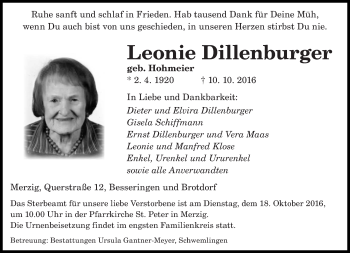 Todesanzeige von Leonie Dillenburger von saarbruecker_zeitung