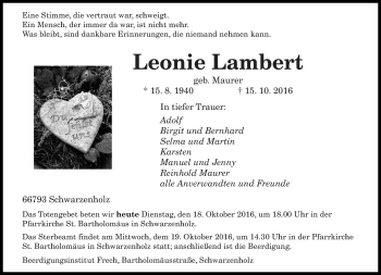 Todesanzeige von Leonie Lambert von saarbruecker_zeitung