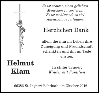 Todesanzeige von Helmut Klam von saarbruecker_zeitung