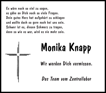 Todesanzeige von Monika Knapp von saarbruecker_zeitung