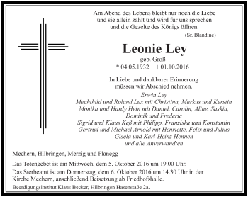 Todesanzeige von Leonie Ley von saarbruecker_zeitung