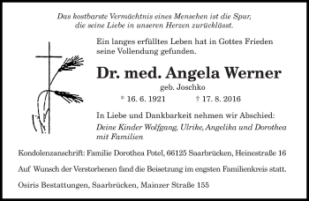 Todesanzeige von Angela Werner von saarbruecker_zeitung