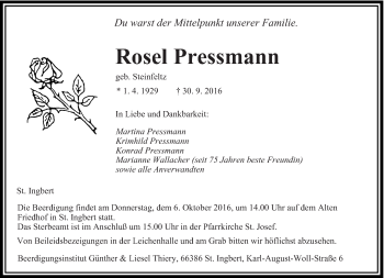 Todesanzeige von Rosel Pressmann von saarbruecker_zeitung
