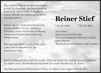 Todesanzeige von Reiner Stief von saarbruecker_zeitung