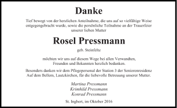 Todesanzeige von Rosel Pressmann von saarbruecker_zeitung