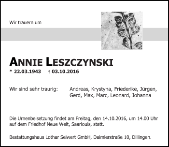 Todesanzeige von Anni Leszczynski von saarbruecker_zeitung