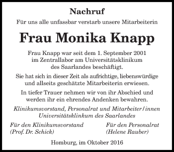 Todesanzeige von Monika Knapp von saarbruecker_zeitung