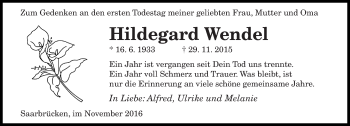 Todesanzeige von Hildegard Wendel von saarbruecker_zeitung