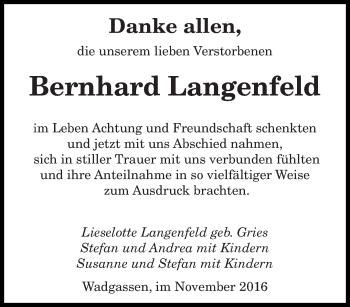 Todesanzeige von Bernhard Langenfeld von saarbruecker_zeitung