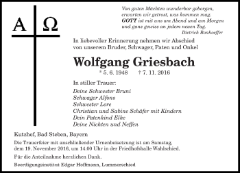 Todesanzeige von Wolfgang Griesbach von saarbruecker_zeitung