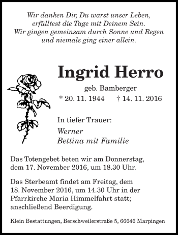 Todesanzeige von Ingrid Herro von saarbruecker_zeitung