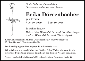 Todesanzeige von Erika Dörrenbächer von saarbruecker_zeitung