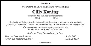 Todesanzeige von Cilly Koning von saarbruecker_zeitung