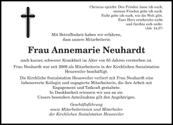 Todesanzeige von Annemarie Neuhardt von saarbruecker_zeitung