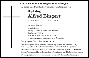 Todesanzeige von Alfred Bingert von saarbruecker_zeitung