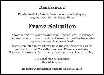 Todesanzeige von Franz Schulien von saarbruecker_zeitung