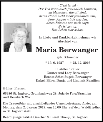 Todesanzeige von Maria Berwanger von saarbruecker_zeitung