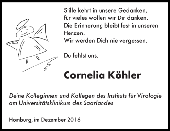 Todesanzeige von Cornelia Köhler von saarbruecker_zeitung