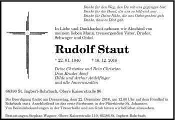 Todesanzeige von Rudolf Staut von saarbruecker_zeitung