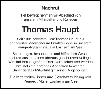 Todesanzeige von Thomas Haupt von saarbruecker_zeitung