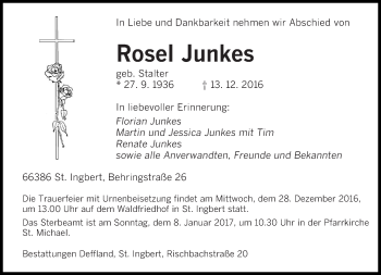 Todesanzeige von Rosel Junkes von saarbruecker_zeitung