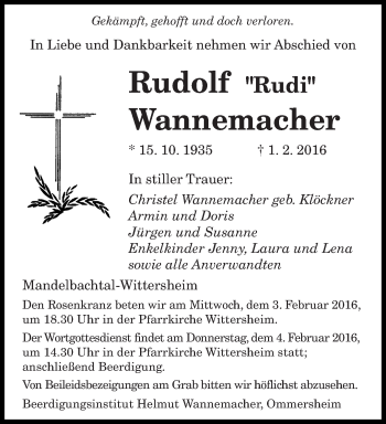 Todesanzeige von Rudolf Wannemacher von saarbruecker_zeitung