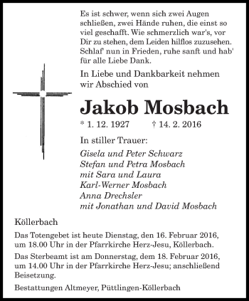 Todesanzeige von Jakob Mosbach von saarbruecker_zeitung