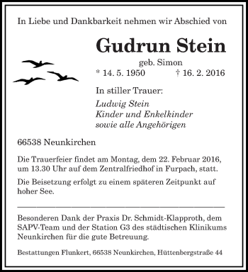 Todesanzeige von Gudrun Stein von saarbruecker_zeitung