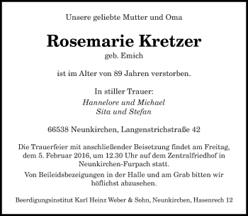 Todesanzeige von Rosemarie Kretzer von saarbruecker_zeitung